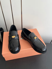 MIUMIU 26S PENNY LOAFERS IN BLACK GLOSSY CALFSKIN GOLD HARDWARE