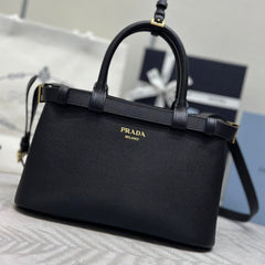 PRADA 25S BUCKLE MEDIUM HANDBAG 28 IN BLACK CALFSKIN GOLD HARDWRE