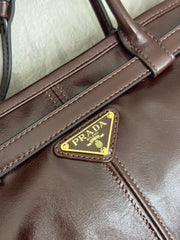 PRADA 25S BONNIE LARGE HANDBAG 38 IN DARK BROWN GLOSSY CALFSKIN GOLD HARDWARE