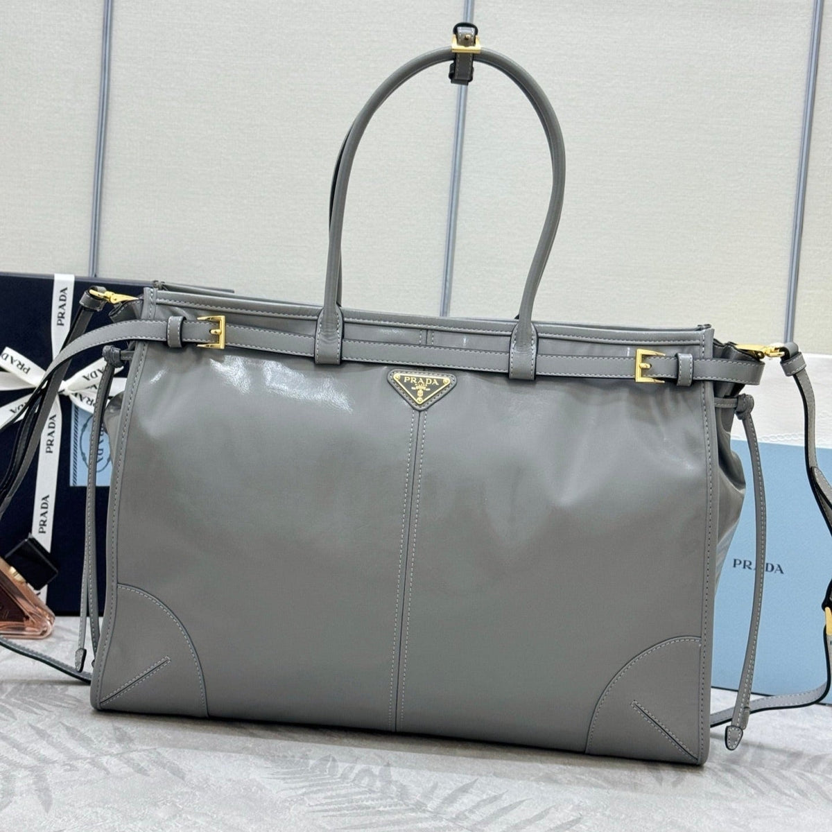 PRADA 25S LUX SOFT BAG 42 IN GRAY GLOSSY CALFSKIN GOLD HARDWARE