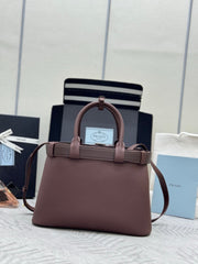 PRADA 25S BUCKLE SMALL HANDBAG 32 IN RICH BROWN CALFSKIN GOLD HARDWARE