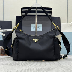 PRADA 25S EXPLORE LARGE RE-NYLON SHOULDER BAG 32 IN BLACK WITH FLAP