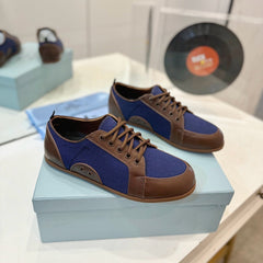 SNEAKERS IN BROWN LAMBSKIN AND NAVY BLUE CANVAS