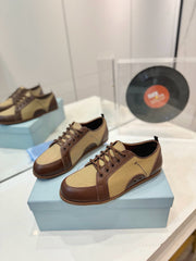 SNEAKERS IN BROWN LAMBSKIN AND BEIGE CANVAS