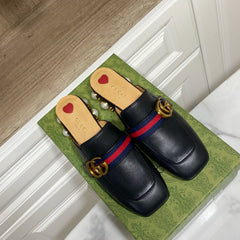 GG HEEL MULES 35 CM IN BLACK CALFSKIN WITH PEARL-EMBELLISHED SOLE