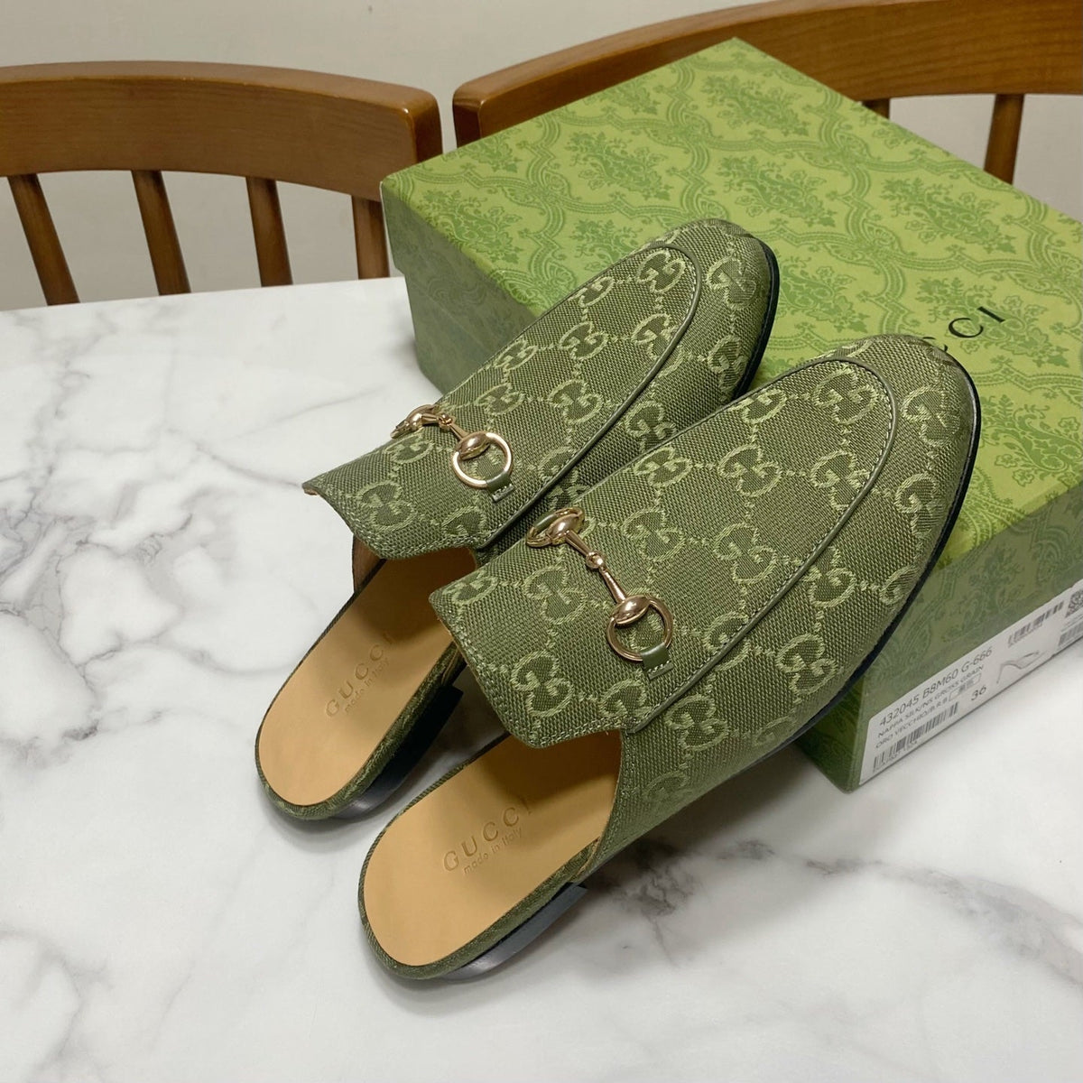 GG MULES IN MOSS GREEN FABRIC GOLD HARD WARE