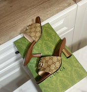 GUCCI 26S HEELED SLIDES 75 MM IN SAND BROWN CANVAS AND LAMBSKIN