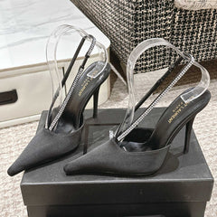 BARBARA 90 EMBELLISHED  BLACK SATIN MULES WITH RHINSTONES