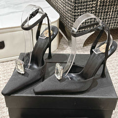 AIMÉE HIGH 75 MM SLINGBACK PUMPS IN BLACK SATIN WITH CRYSTAL