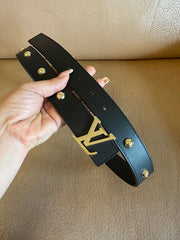 LV Initiales Studs 30mm Reversible Belt Gold Buckle Black Leather