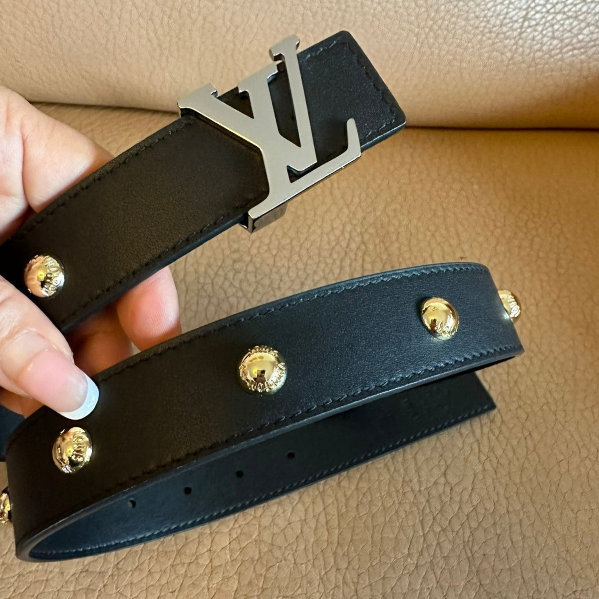LV Initiales Studs 30mm Reversible Belt Silver Buckle Black Leather
