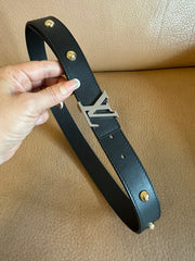 LV Initiales Studs 30mm Reversible Belt Silver Buckle Black Leather