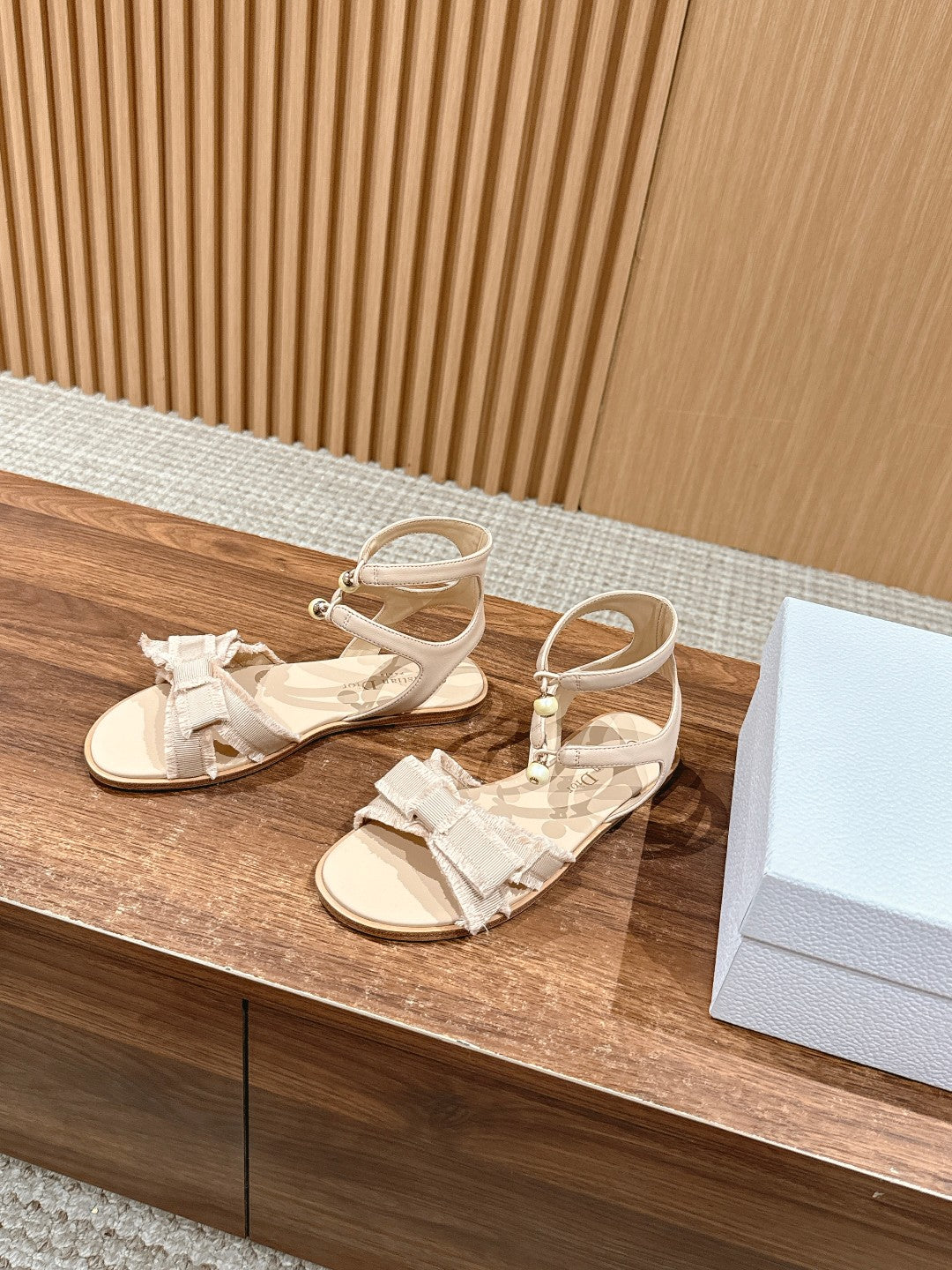 DIOR ADIORABLE SANDALS 25S IN LIGHT BEIGE FABRIC AND LAMBSKIN WITH PEARL DETAILING