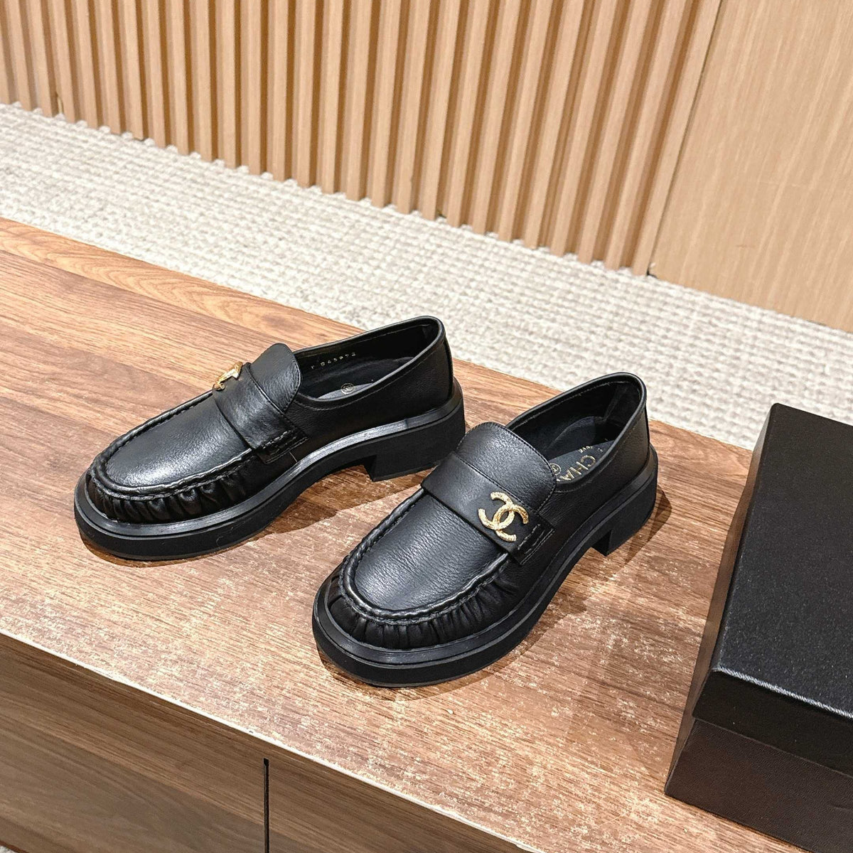 CHANEL 25S DOUBLE MONK STRAP PLEATED LOAFERS BLACK IN CALFSKIN