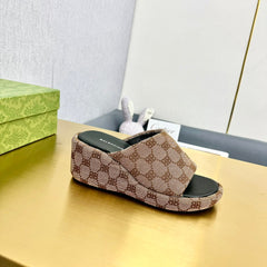 WEDGE SANDALS IN LIGHT BROWN MONOGRAM JACQUARD FABRIC