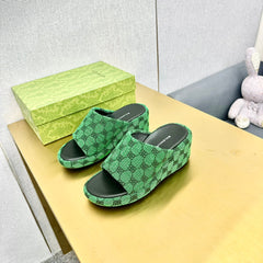 WEDGE SANDALS IN GREEN MONOGRAM JACQUARD FABRIC