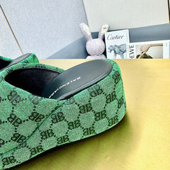 WEDGE SANDALS IN GREEN MONOGRAM JACQUARD FABRIC