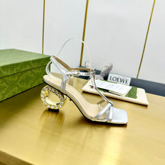 MEDIUM-HEEL SANDAL IN SILVER CALFSKIN GOLD HARDWARE WITH RHINSTONES