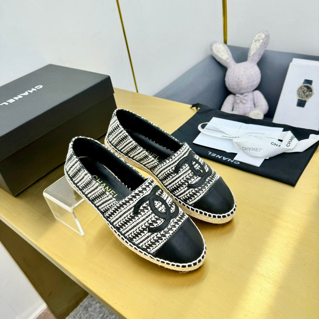 CC ESPADRILLES PLATFORM 25S IN SKY BLACK AND WHITE TWEED MIX CALFSKIN