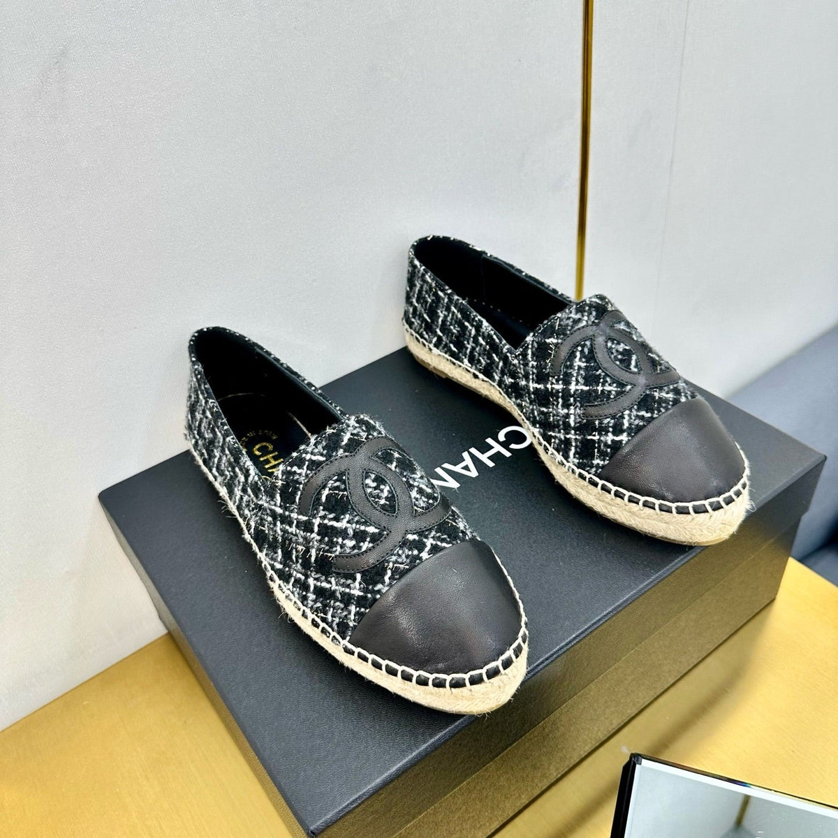 CC ESPADRILLES PLATFORM 25S IN BLACK TWEED AND CALFSKIN