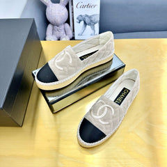 CC ESPADRILLES PLATFORM 25S IN LIGHT BEIGE SUEDE MIX BLACK CALFSKIN
