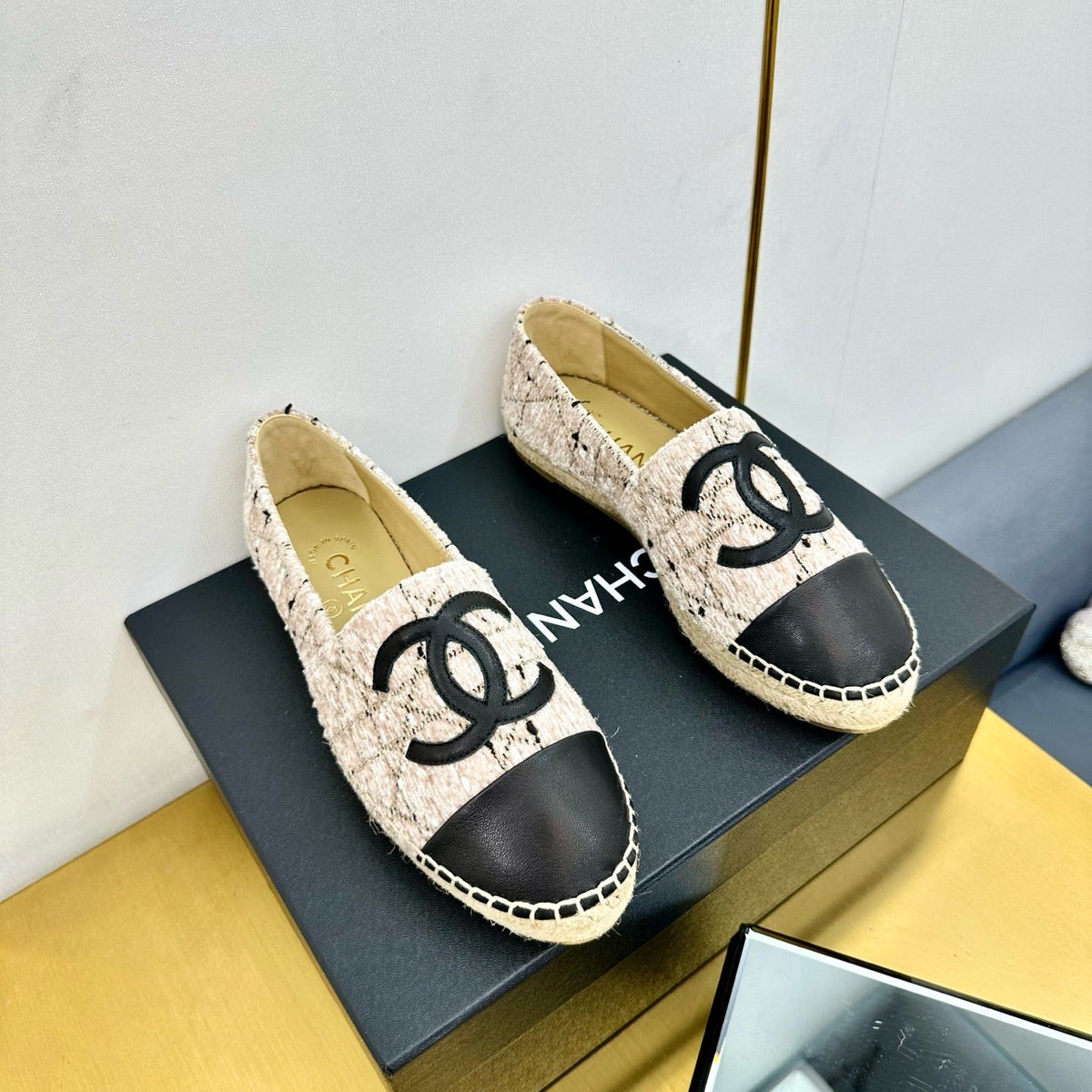 CC ESPADRILLES PLATFORM 25S IN LIGHT BEIGE TWEED MIX BLACK CALFSKIN WITH LINED PATTERN