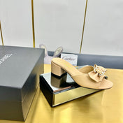 BOWKNOT RHINESTONES MID HEEL MULE IN FLAX YELLOW CALFSKIN