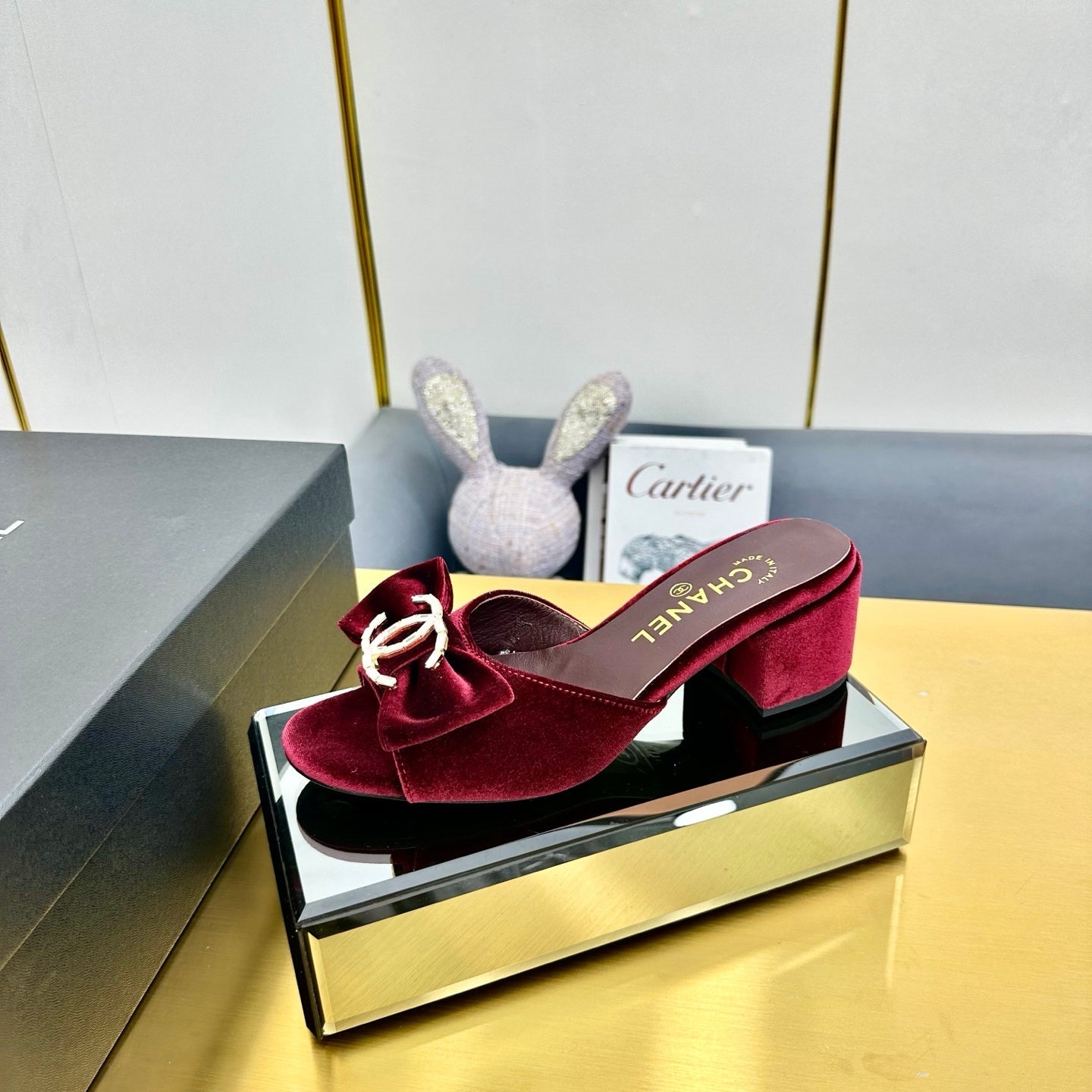 BOWKNOT RHINESTONES MID HEEL MULE IN GARNET RED VELVET