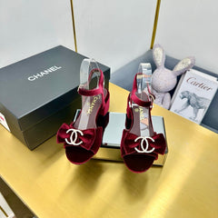 BOWKNOT RHINESTONES MID HEEL SANDAL IN GARNET RED VELVET