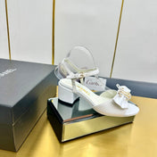 BOWKNOT RHINESTONES MID HEEL SANDAL IN WHITE LAMBSKIN