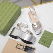 GG  Horsebit Wedges Sandals Silver