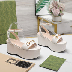 GG  Horsebit Wedges Sandals White