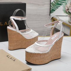 ALAIA WEDGE SANDAL IN WHITE MESH AND BEIGE RUBBER