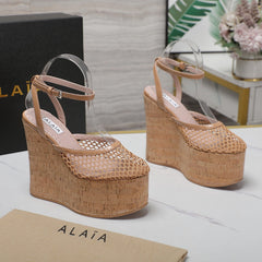 ALAIA WEDGE SANDAL IN FRENCH BEIGE MESH AND BEIGE RUBBER