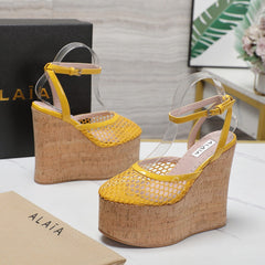 ALAIA WEDGE SANDAL IN YELLOW MESH AND BEIGE RUBBER