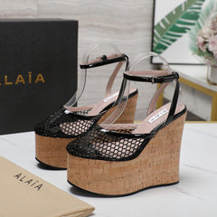 ALAIA WEDGE SANDAL IN BLACK MESH AND BEIGE RUBBER