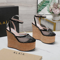 ALAIA WEDGE SANDAL IN BLACK MESH AND BEIGE RUBBER