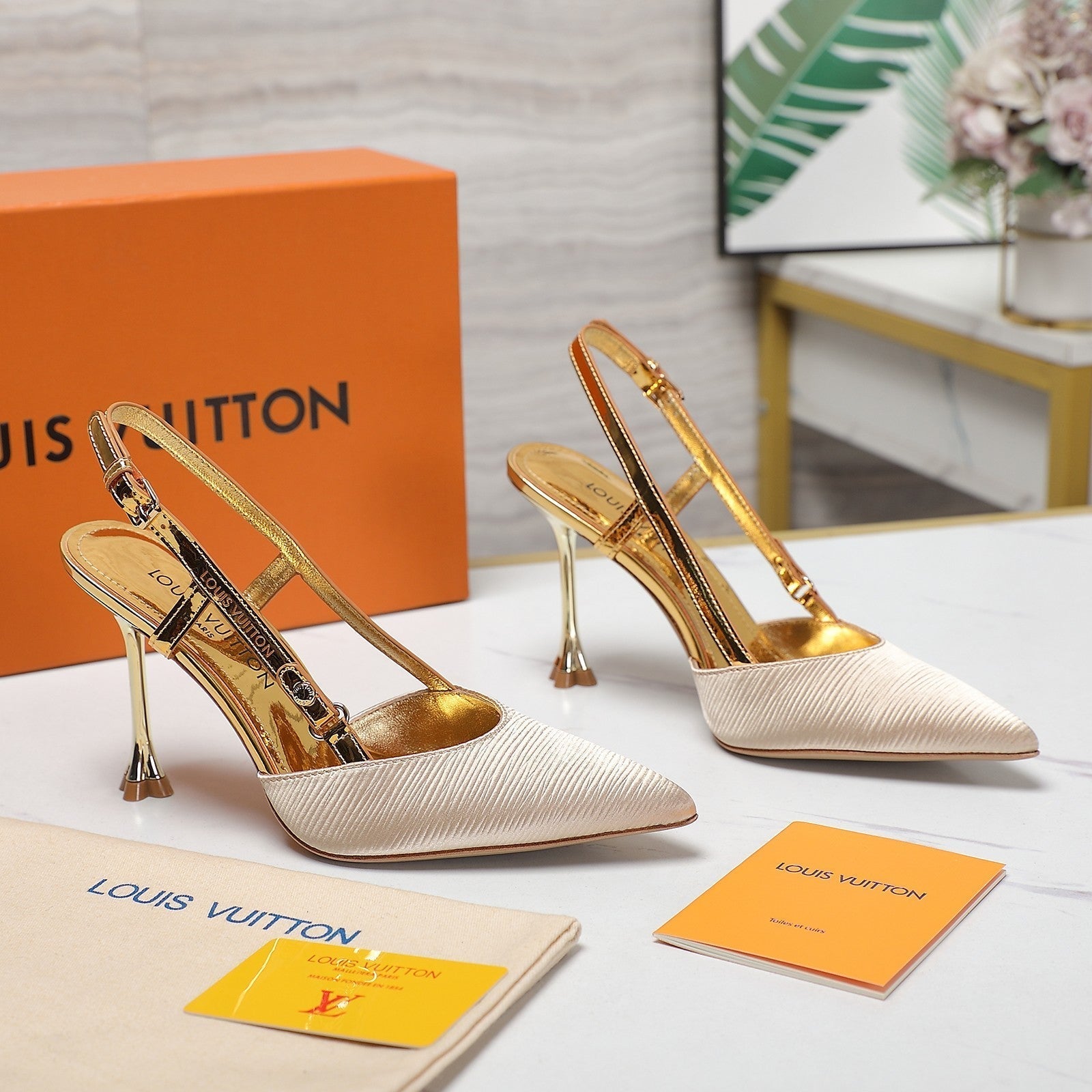 LV WOMEN BLOSSOM SLINGBACK PUMP IN GOLDEN EMBROIDERED FABRIC