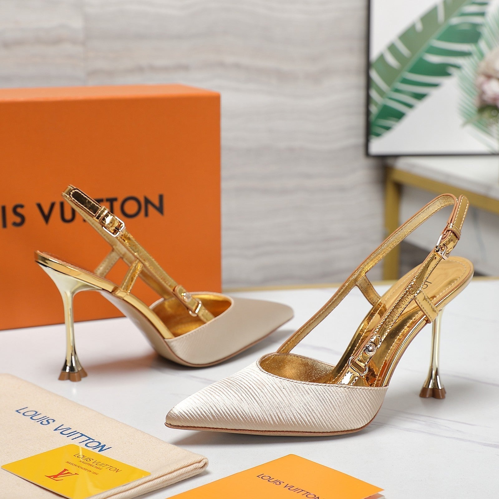 LV WOMEN BLOSSOM SLINGBACK PUMP IN GOLDEN EMBROIDERED FABRIC