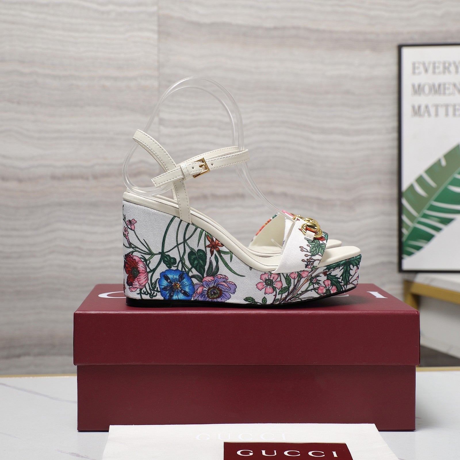 GG WEDGE HEEL SANDALS 100 IN WHITE FABRIC FLORAL PRINT