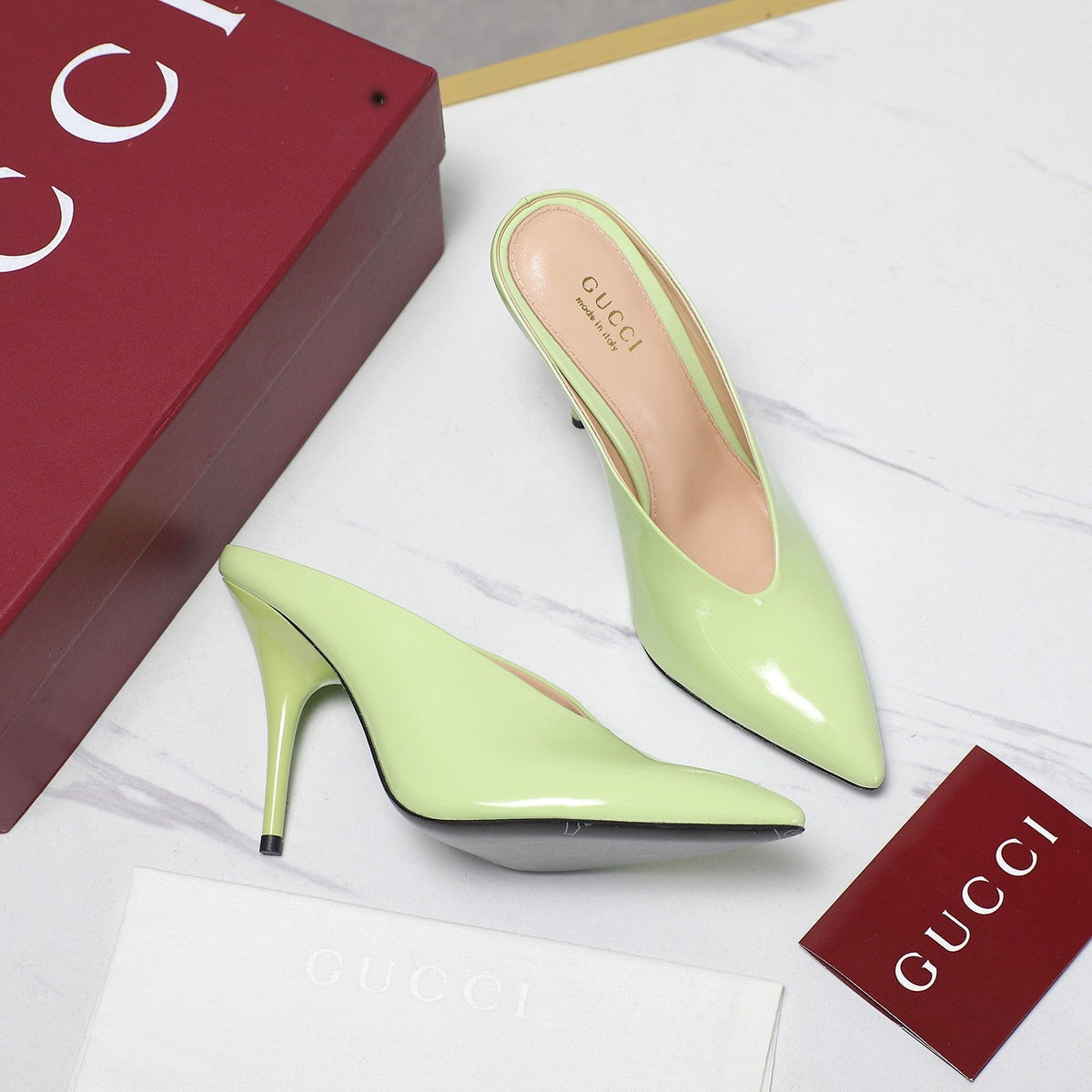 GG HEELED MULES 105 IN PASTEL GREEN CALFSKIN