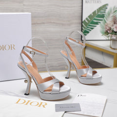 DIOR PEARL-EMBELLISHED HIGH HEEL SANDALS 25S 115 MM IN SILVER SATIN