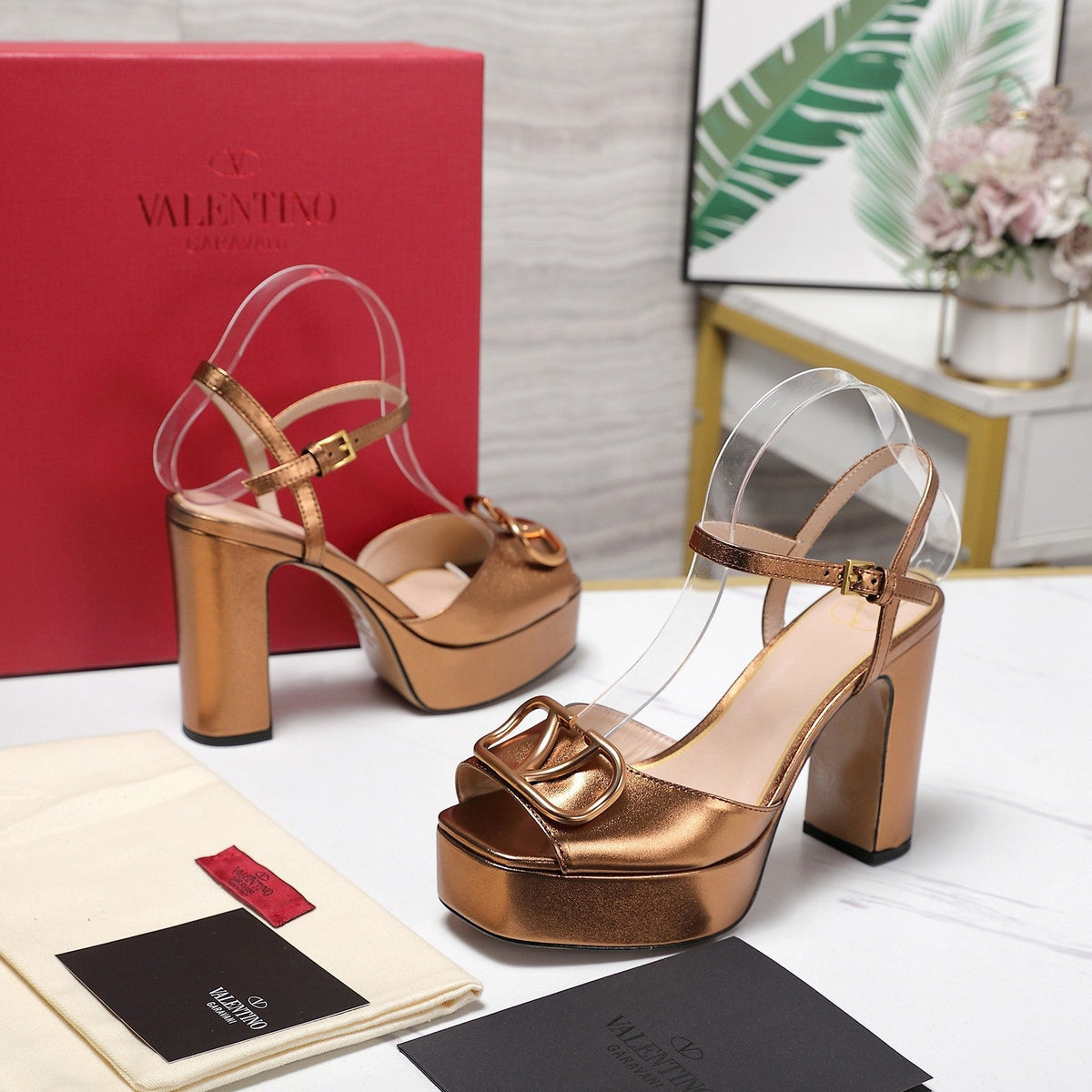 VALENTINO 25S GARAVANI VLOGO SIGNATURE HIGH-HEEL SANDALS 110 MM IN METALLIC COPPER CALFSKIN