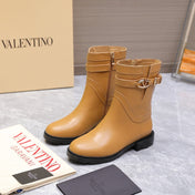 VALENTINO 25S FLAT ANKLE BOOTS IN LIGHT BROWN CALFSKIN