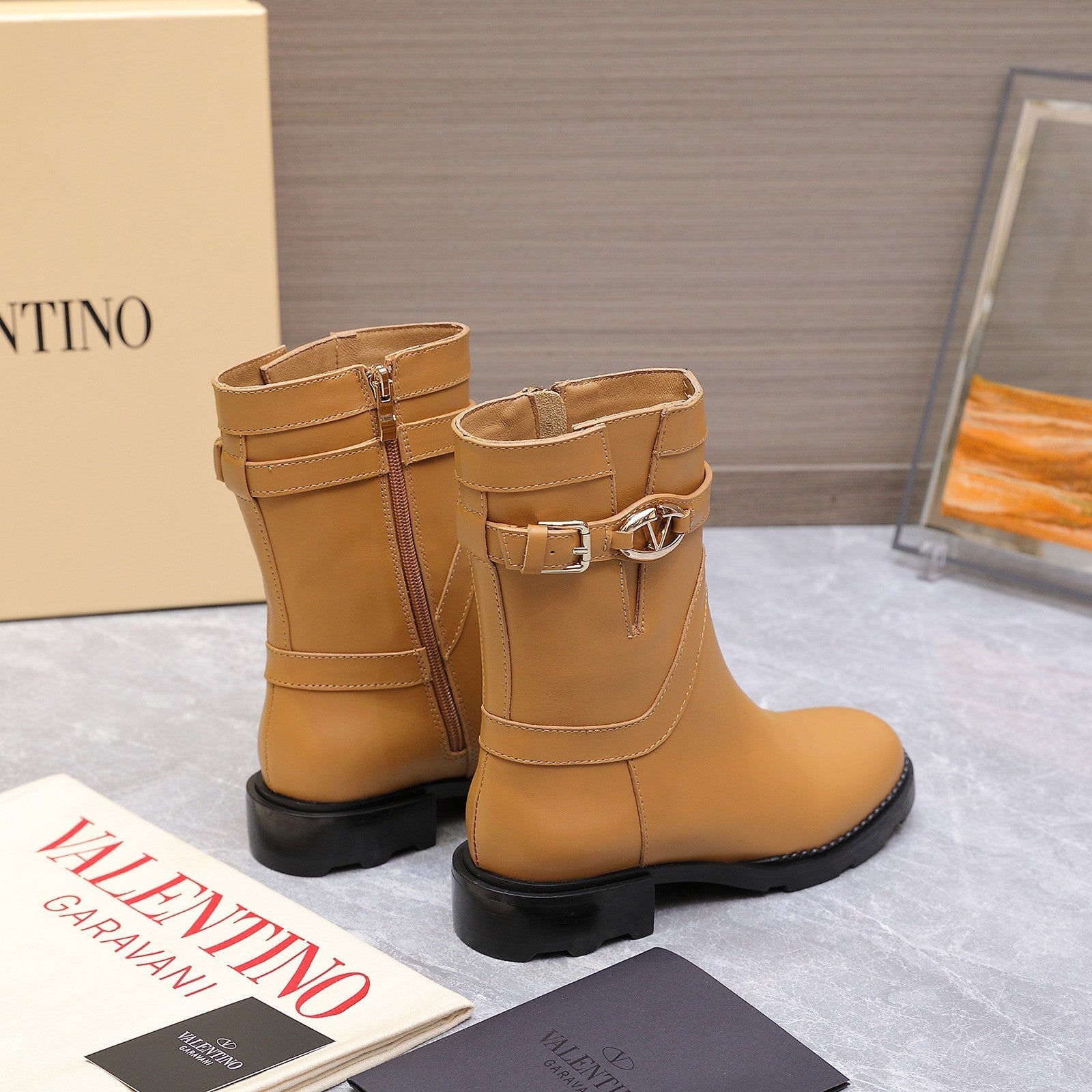 VALENTINO 25S FLAT ANKLE BOOTS IN LIGHT BROWN CALFSKIN