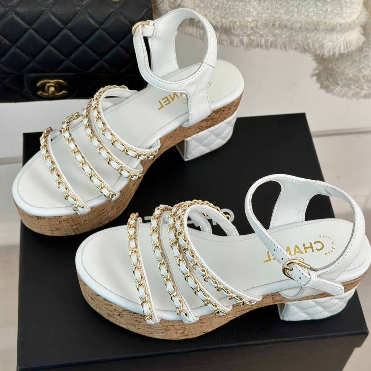 Double C Wooden Chain Platform Block Heel Sandals White