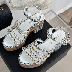 Double C Wooden Chain Platform Block Heel Sandals Black Caro/ White