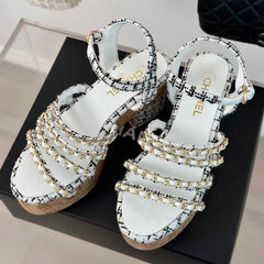 Double C Wooden Chain Platform Block Heel Sandals Black Caro/ White