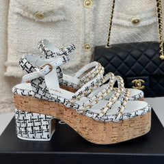 Double C Wooden Chain Platform Block Heel Sandals Black Caro/ White