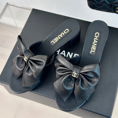 Double CC Big Bow High Heels Sheepskin Black